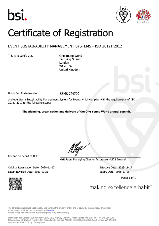 Event Sustainability Mgmt Systems ISO 201121-2012 certificate