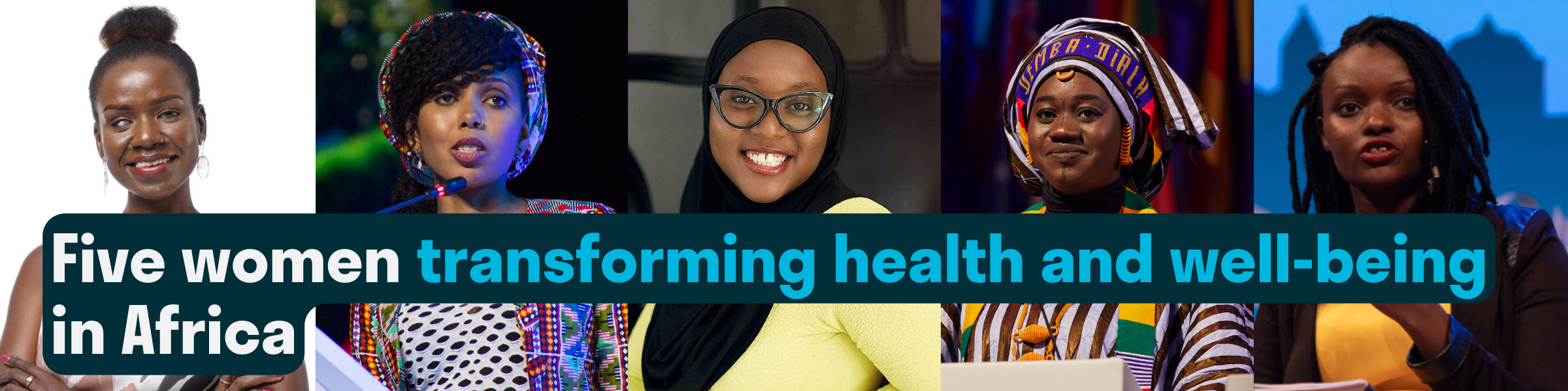 Headshots of five women leaders. From left to right Crystal Asige, Jaha Dukureh, Hauwa Ojeifo, Dickel Dia, and Ruth Wacuka