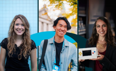 Picture showing three young leaders included in the article, from left to right leaders are Dora Palfi, Koga Nakai, and Soraya Fouladi.