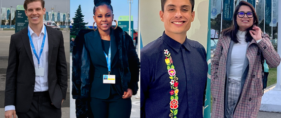 Four images of Ambassadors at COP29 in Azerbaijan. From left to right Oliver Rieche, Christine Mhone, Antonio Díaz Aranda, and Dr Gurleen Kaur.